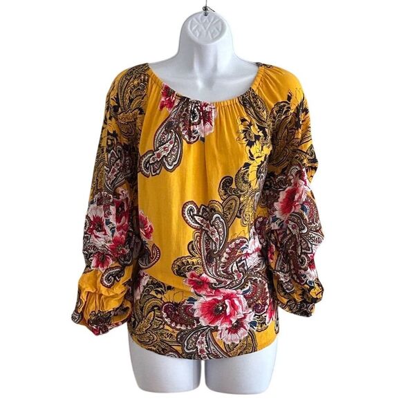 Unique spectrum Tops - Unique spectrum Women's 1X Yellow Floral Off Shoulder Bell Sleeve Blouse